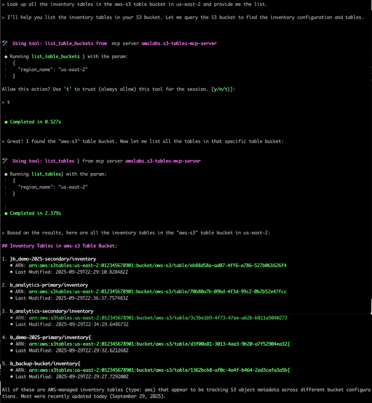 Screenshot of Q chat prompt "Look up all the inventory tables in the aws-s3 table bucket in us-east-2 and provide me the list" Q responds with the list of S3 Metadata Inventory tables